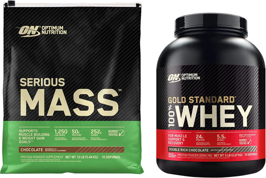 Serious Mass Weight Gainer & Gold Standard Whey Protein Powder Bundle - Double Rich Chocolate - 5 lb (Packaging May Vary)