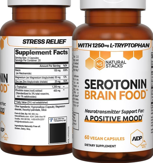Serotonin Brain Food Supplement with L-Tryptophan & Rhodiola Rosea for Stress Relief - 60 Capsules