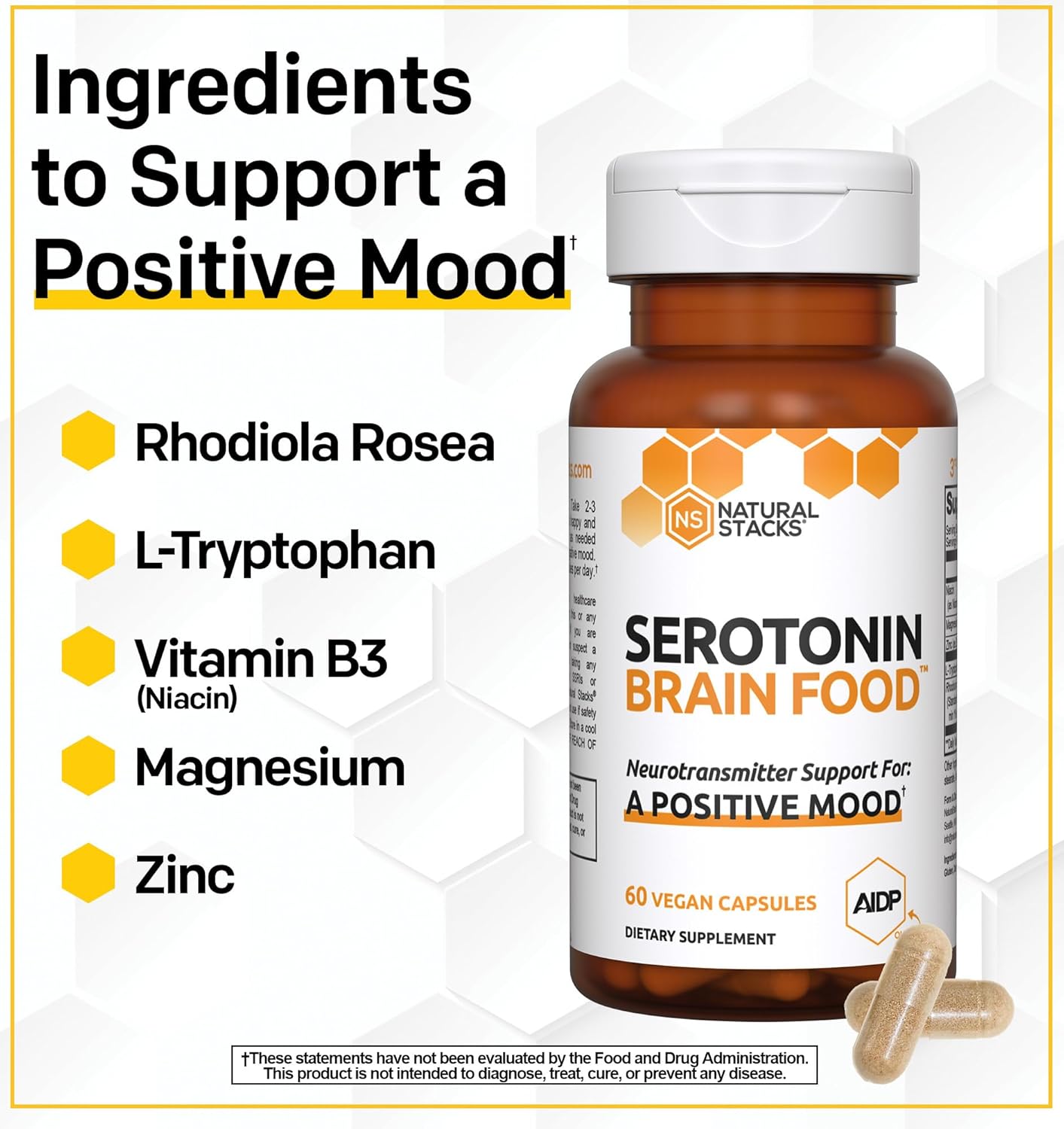 Serotonin Brain Food Supplement with L-Tryptophan & Rhodiola Rosea for Stress Relief - 60 Capsules