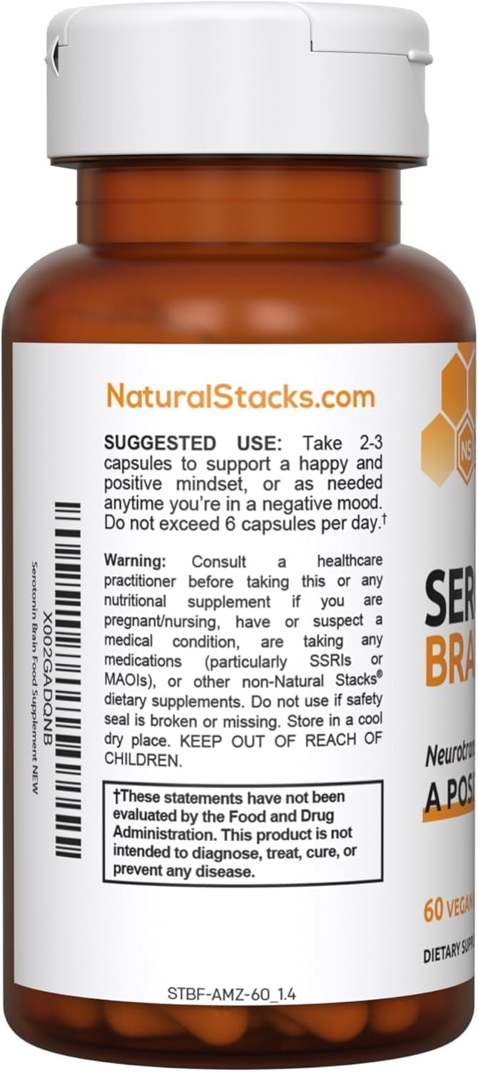 Serotonin Brain Food Supplement with L-Tryptophan & Rhodiola Rosea for Stress Relief - 60 Capsules