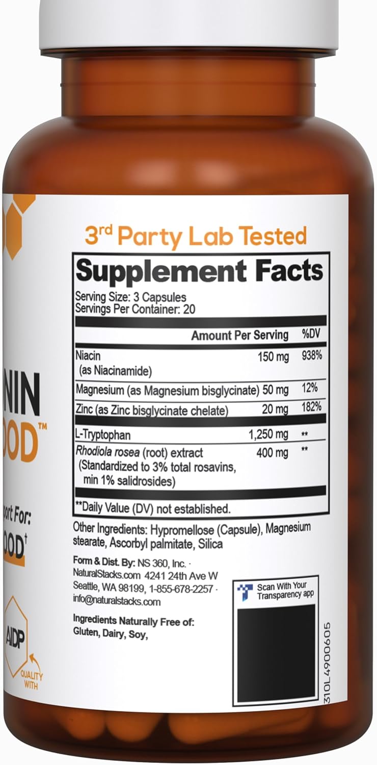 Serotonin Brain Food Supplement with L-Tryptophan & Rhodiola Rosea for Stress Relief - 60 Capsules