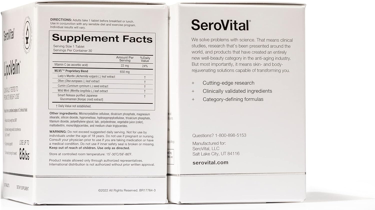 Serovital LipoValin: Clinically Validated Weight Loss Supplement for Women - Appetite Suppressant, Diet Pill - 30 Tablets