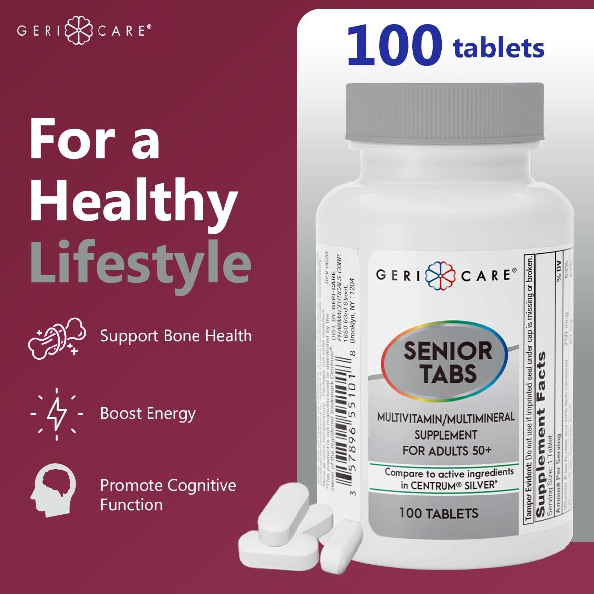 Set of 2 GeriCare Senior 50+ Multivitamin Tablets with Minerals for Immune Support and Age-Defying Nutrition - 100 Count