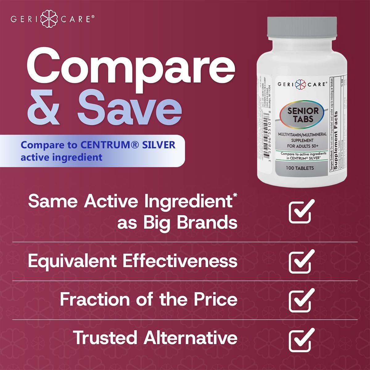 Set of 2 GeriCare Senior 50+ Multivitamin Tablets with Minerals for Immune Support and Age-Defying Nutrition - 100 Count