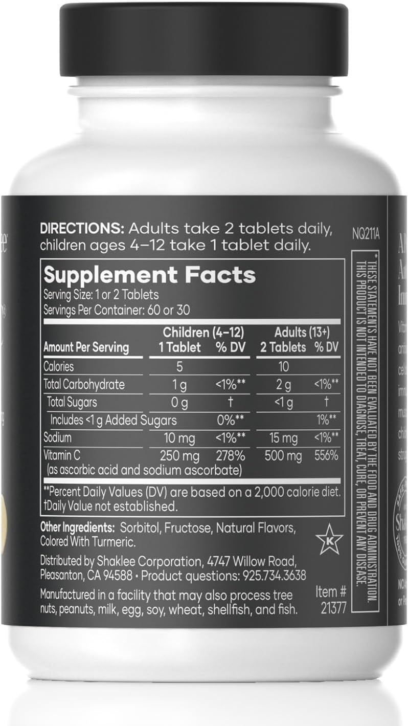 Shaklee Chewable Vitamin C Tablets - 250mg Lemon Flavored - Supports Cells & Immune System - Easy Consumption for Kids & Adults - 60 Count