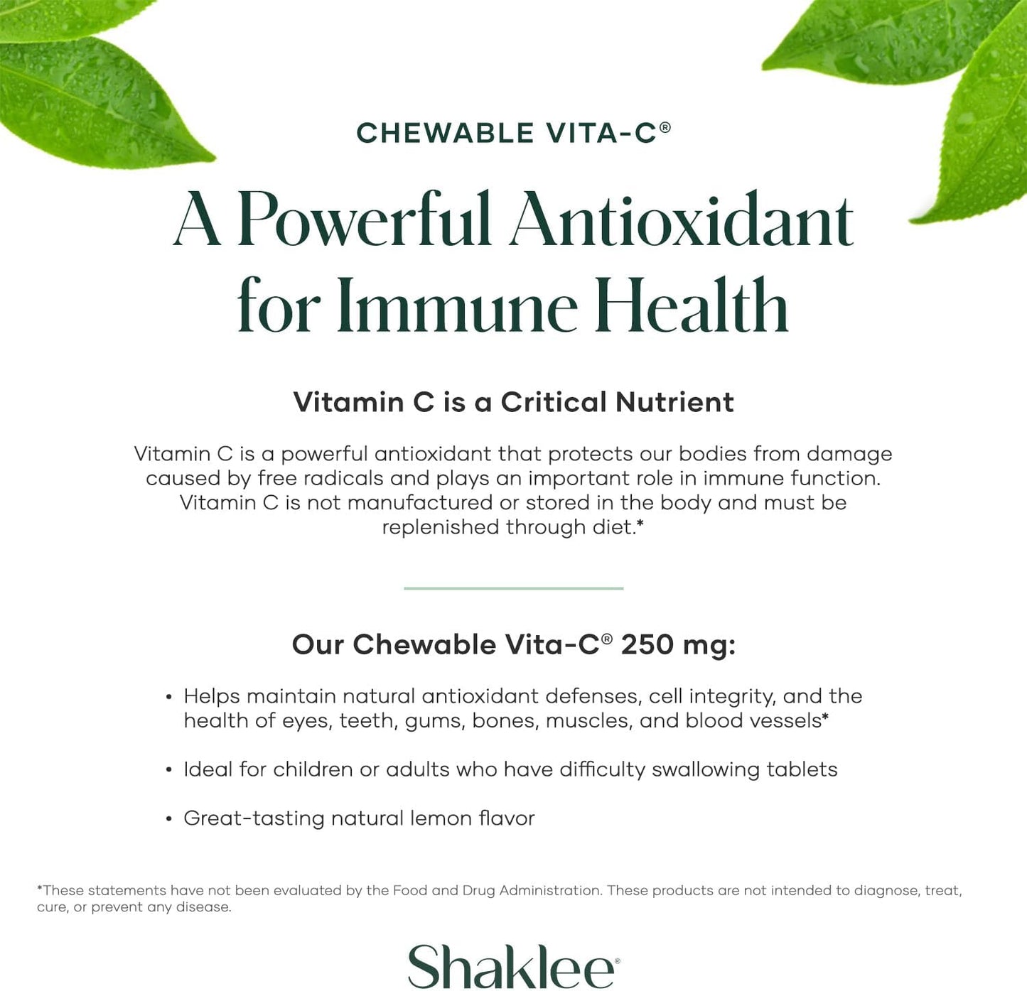 Shaklee Chewable Vitamin C Tablets - 250mg Lemon Flavored - Supports Cells & Immune System - Easy Consumption for Kids & Adults - 60 Count