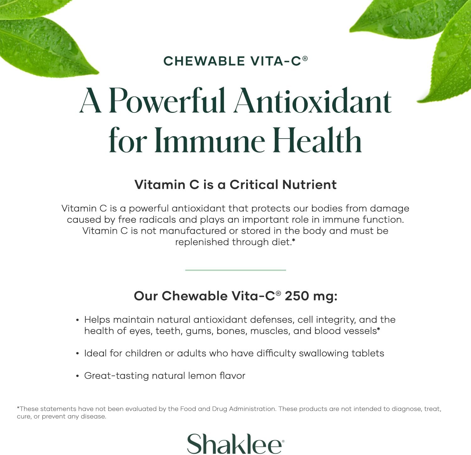Shaklee Chewable Vitamin C Tablets - 250mg Lemon Flavored - Supports Cells & Immune System - Easy Consumption for Kids & Adults - 60 Count