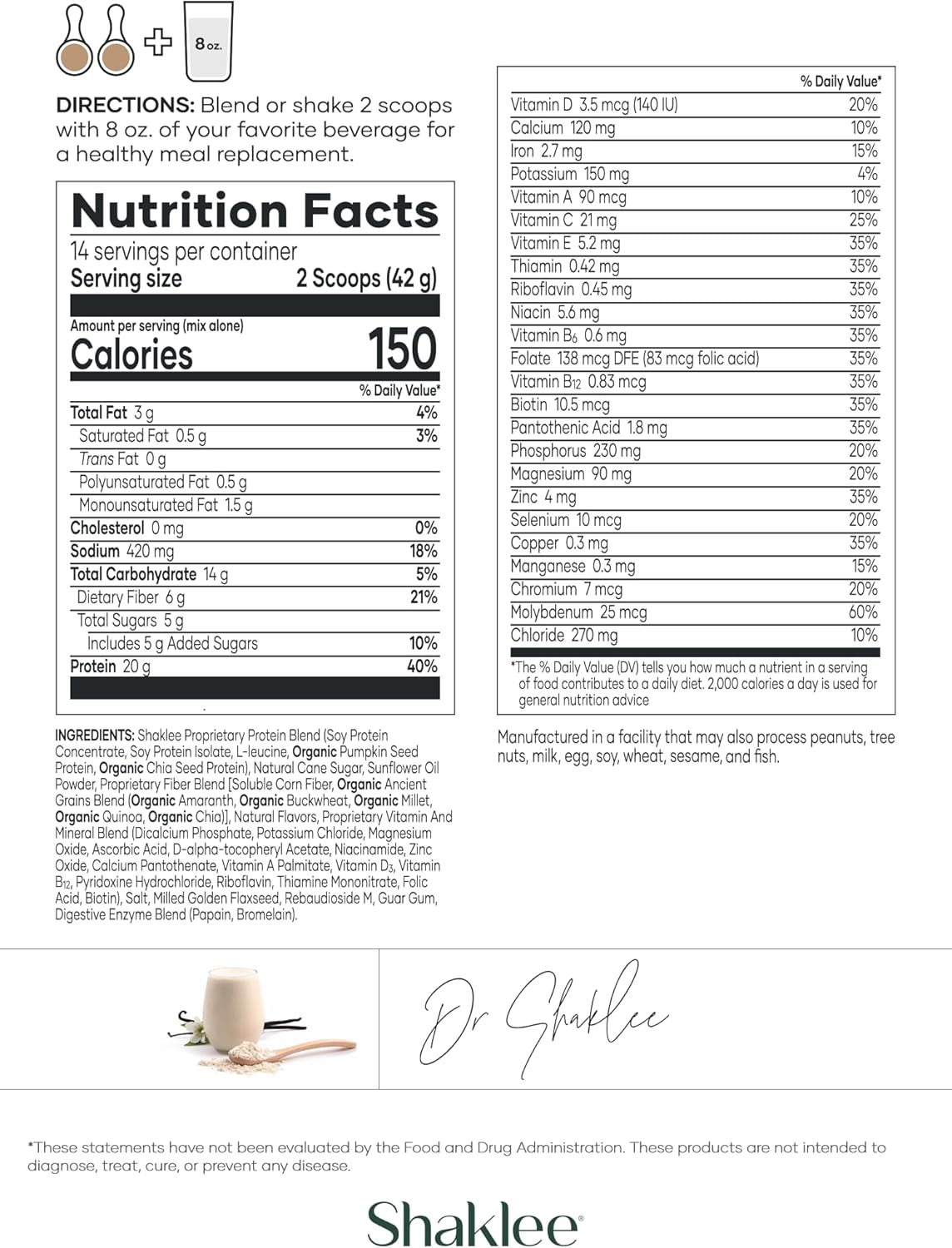 Shaklee Life Shake French Vanilla: Complete Meal Replacement with 20g Protein, 6g Fiber, 24 Vitamins & Minerals - Supports Satiety & Weight Loss - Non-GMO - 14 Servings