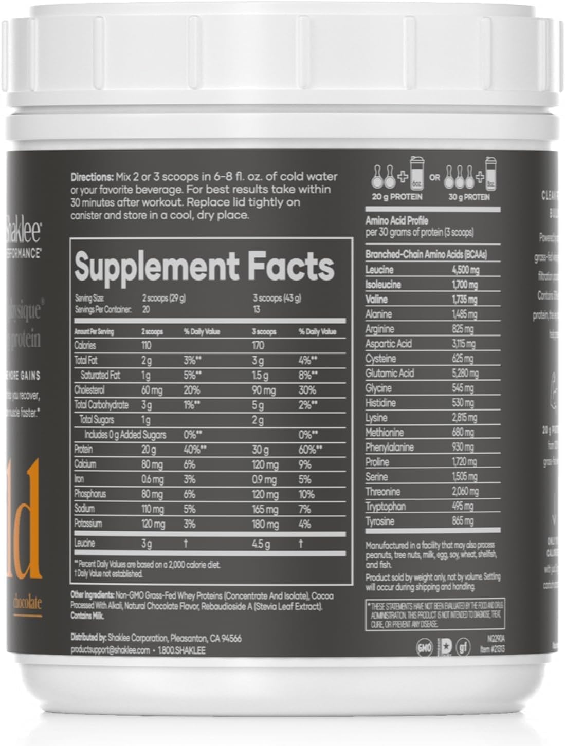 Shaklee Performance Advanced Physique Grass-Fed Whey Protein: Chocolate, 20g Protein, 110 Calories, Fast-Absorbing Formula - 20 Servings