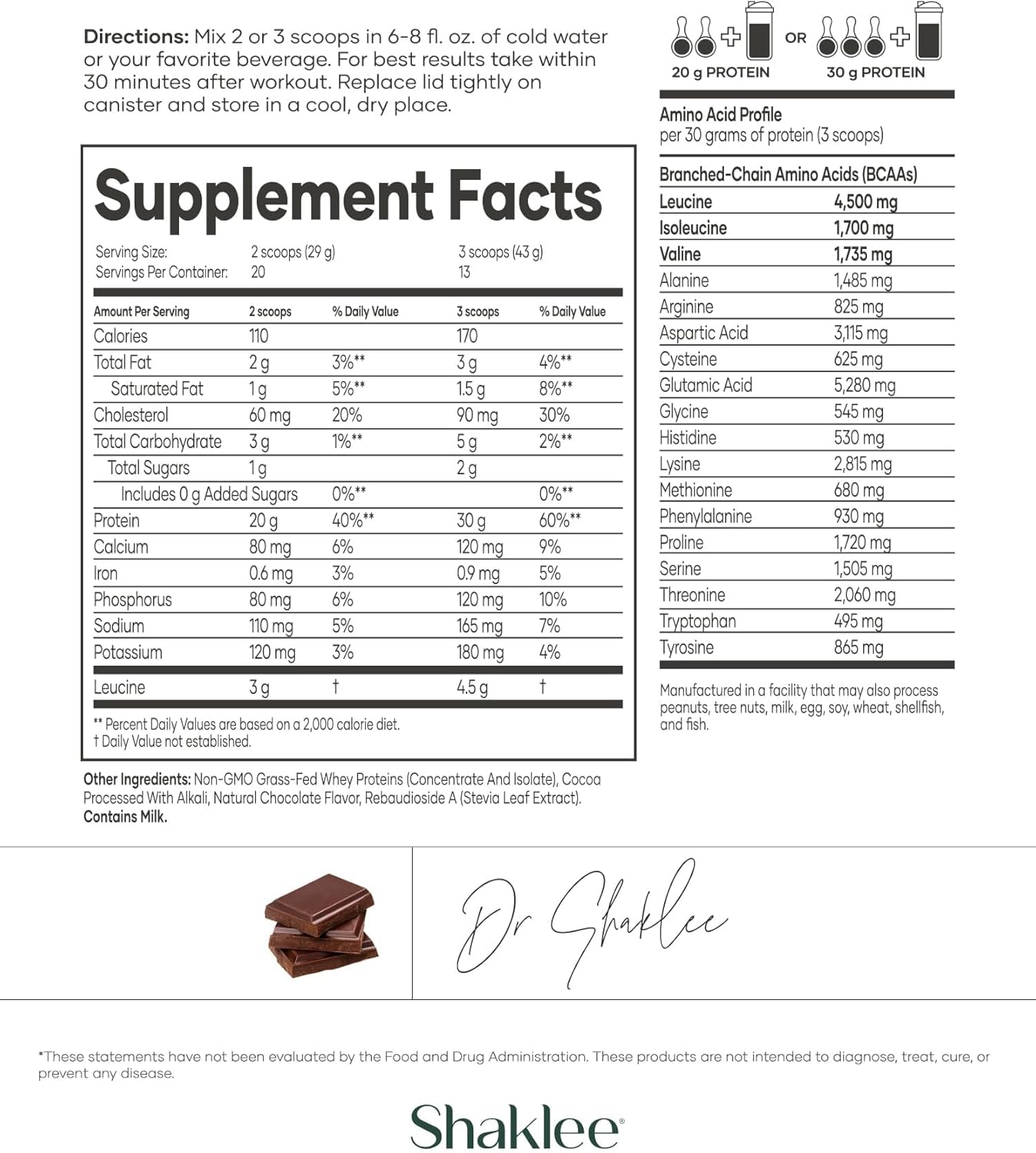 Shaklee Performance Advanced Physique Grass-Fed Whey Protein: Chocolate, 20g Protein, 110 Calories, Fast-Absorbing Formula - 20 Servings