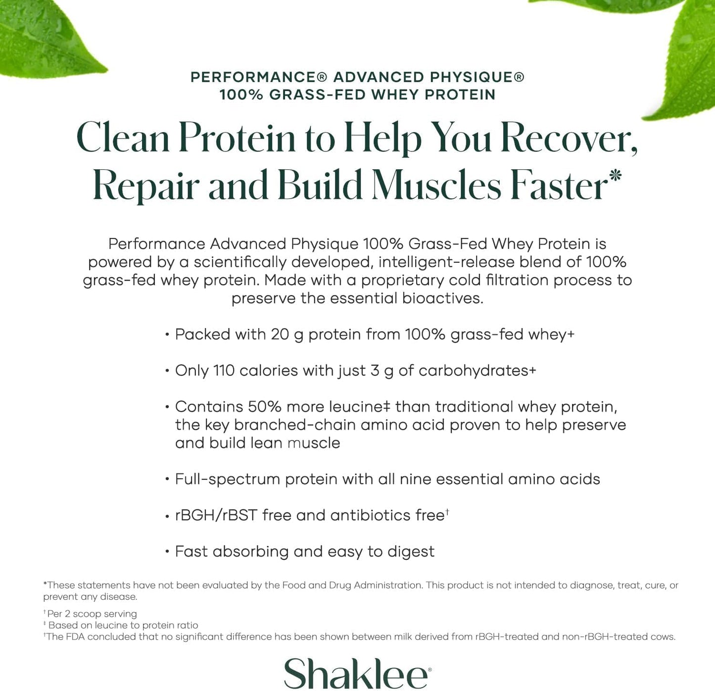 Shaklee Performance Advanced Physique Grass-Fed Whey Protein: Chocolate, 20g Protein, 110 Calories, Fast-Absorbing Formula - 20 Servings