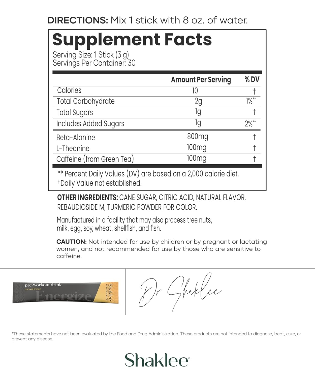 Shaklee Performance Pre-Workout Energy Drink with Green Tea Extract Lemon Flavor - Boost Energy with Beta-Alanine, L-theanine, and Caffeine - 30 Servings