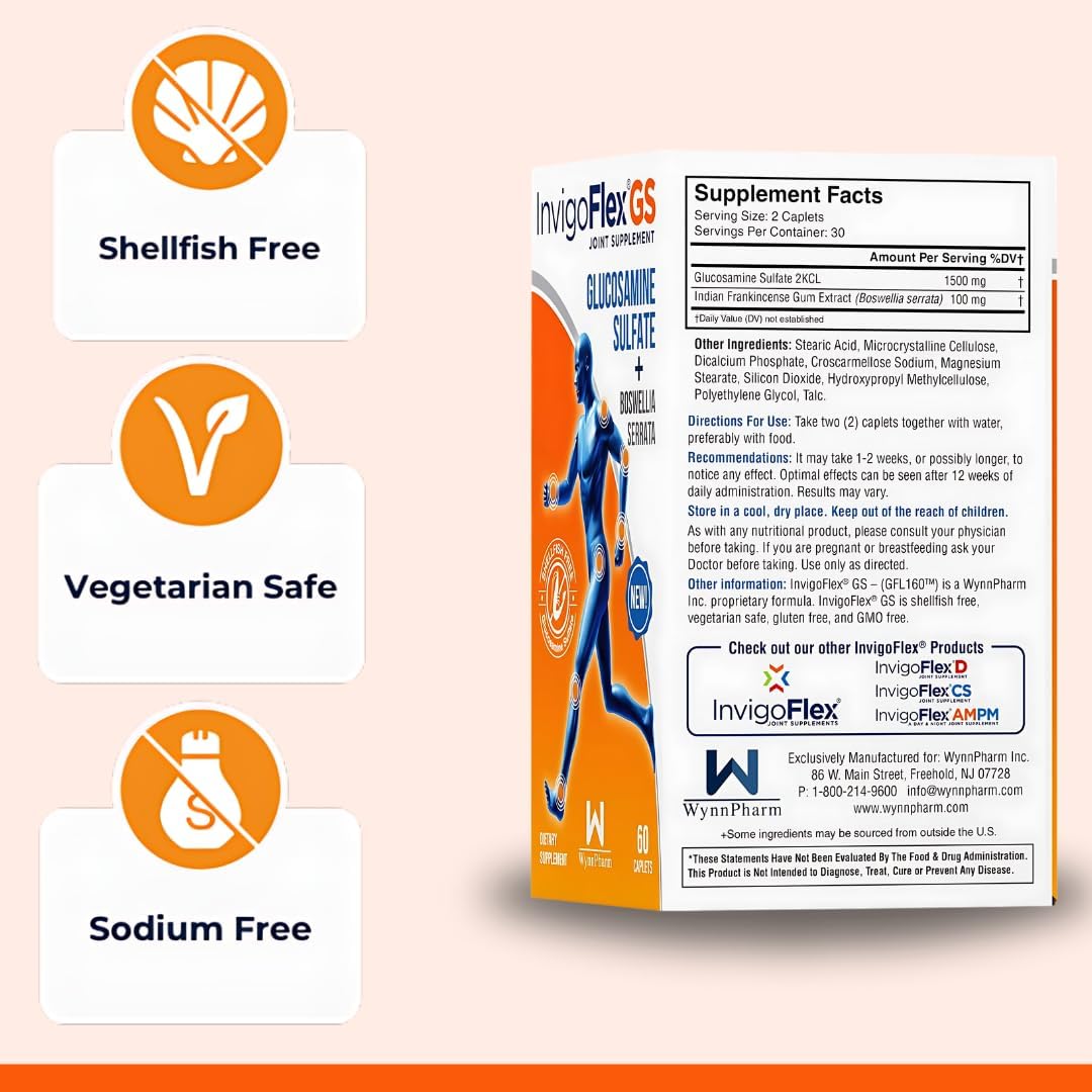 Shellfish-Free Vegetarian Glucosamine Sulfate with Boswellia Serrata - Non GMO Joint Supplement - Gluten-Free - 2 Pack