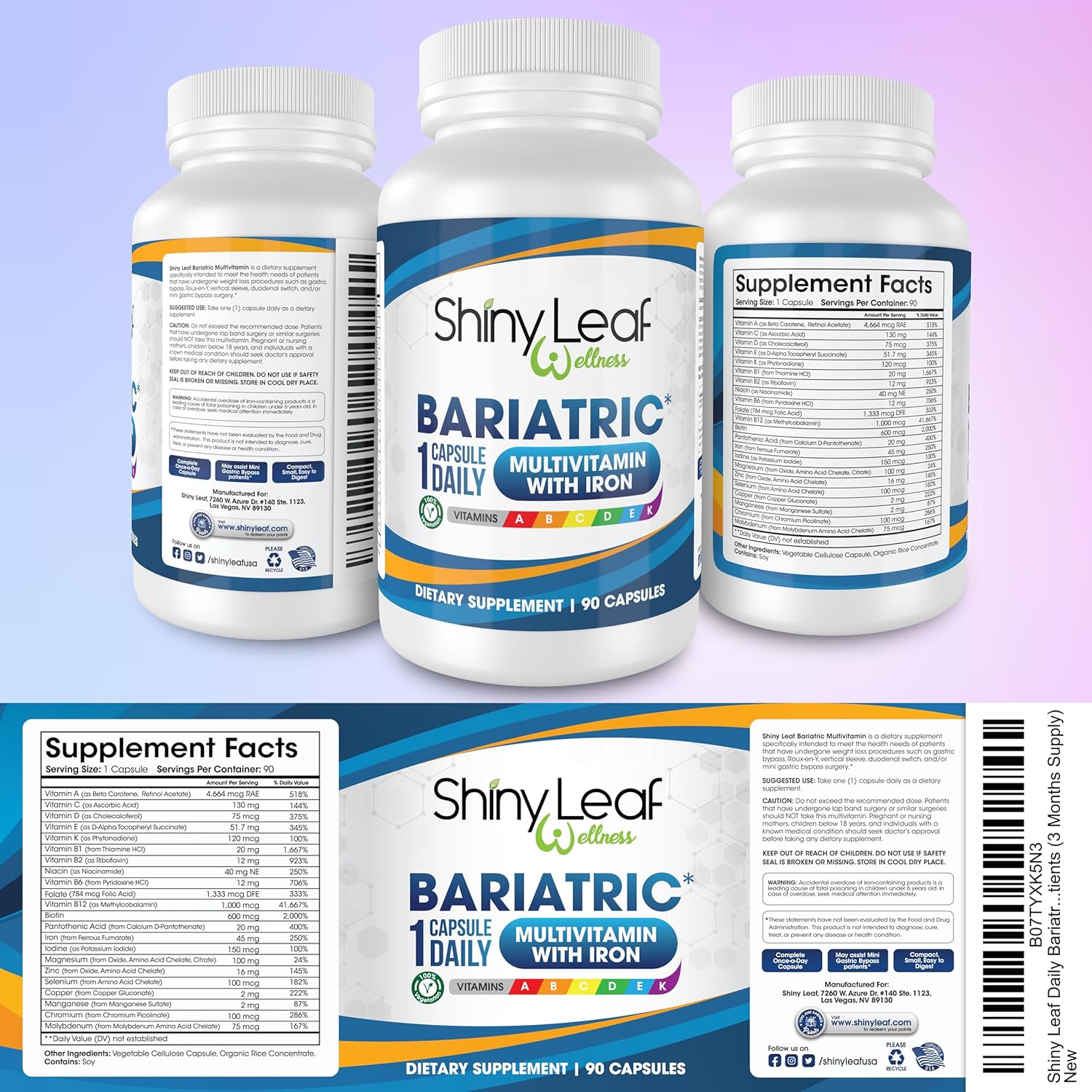 Shiny Leaf Iron-Free Bariatric Multivitamin with CoQ10 100mg - Daily Capsule for Energy and Brain Health