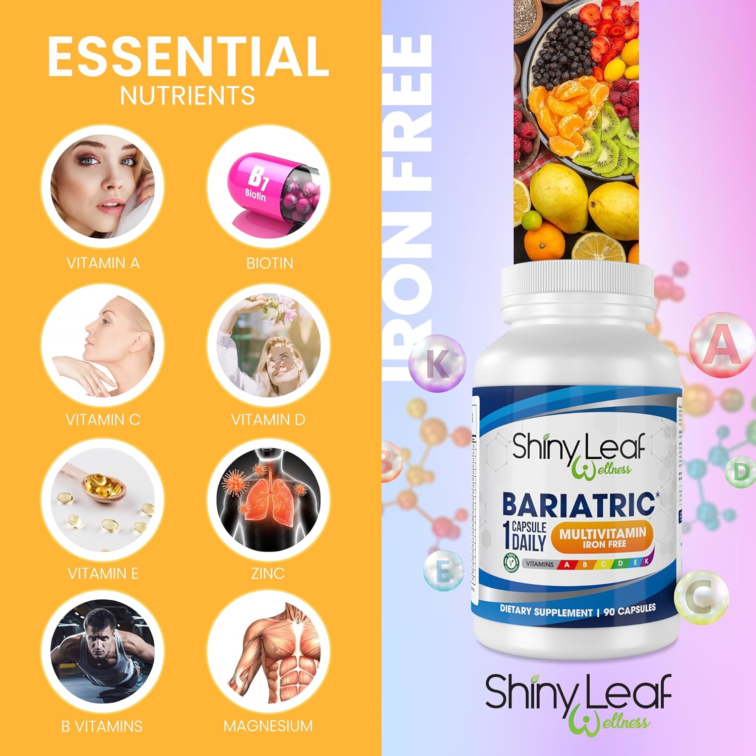 Shiny Leaf Iron-Free Bariatric Multivitamin with CoQ10 100mg - Daily Capsule for Energy and Brain Health