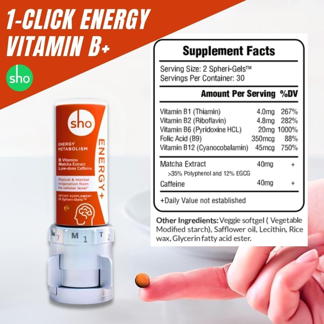 SHO Energy+ Vegan Matcha Extract and Vitamin B Complex Energy Supplements - 60 Pills, Natural Booster for Men & Women, No Crash & Jitters - Refill Bottle