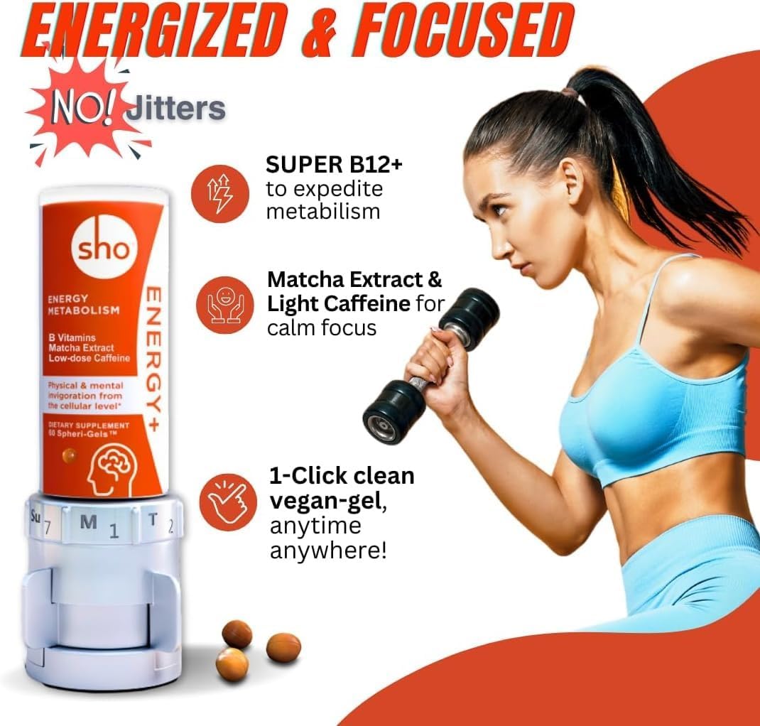 SHO Energy+ Vegan Matcha Extract and Vitamin B Complex Energy Supplements - 60 Pills, Natural Booster for Men & Women, No Crash & Jitters - Refill Bottle