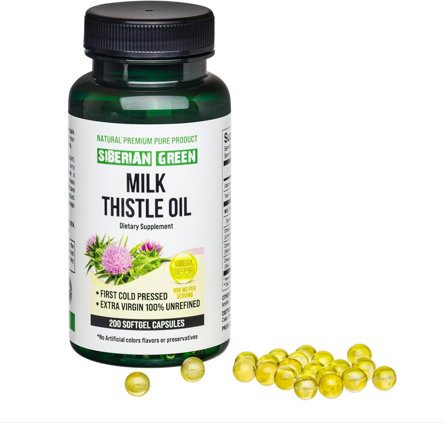 Siberian Altai Cold Pressed Green Milk Thistle Oil Capsules - 200 Softgels, Unrefined & Wild Harvested
