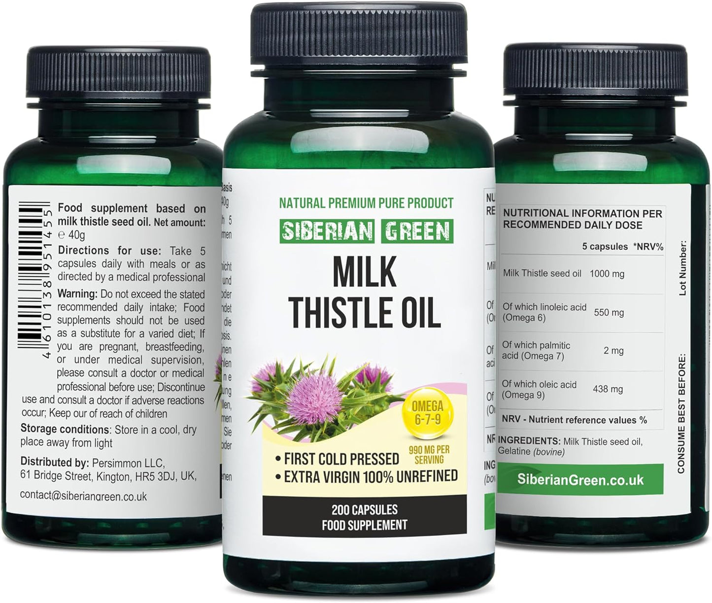 Siberian Altai Cold Pressed Green Milk Thistle Oil Capsules - 200 Softgels, Unrefined & Wild Harvested