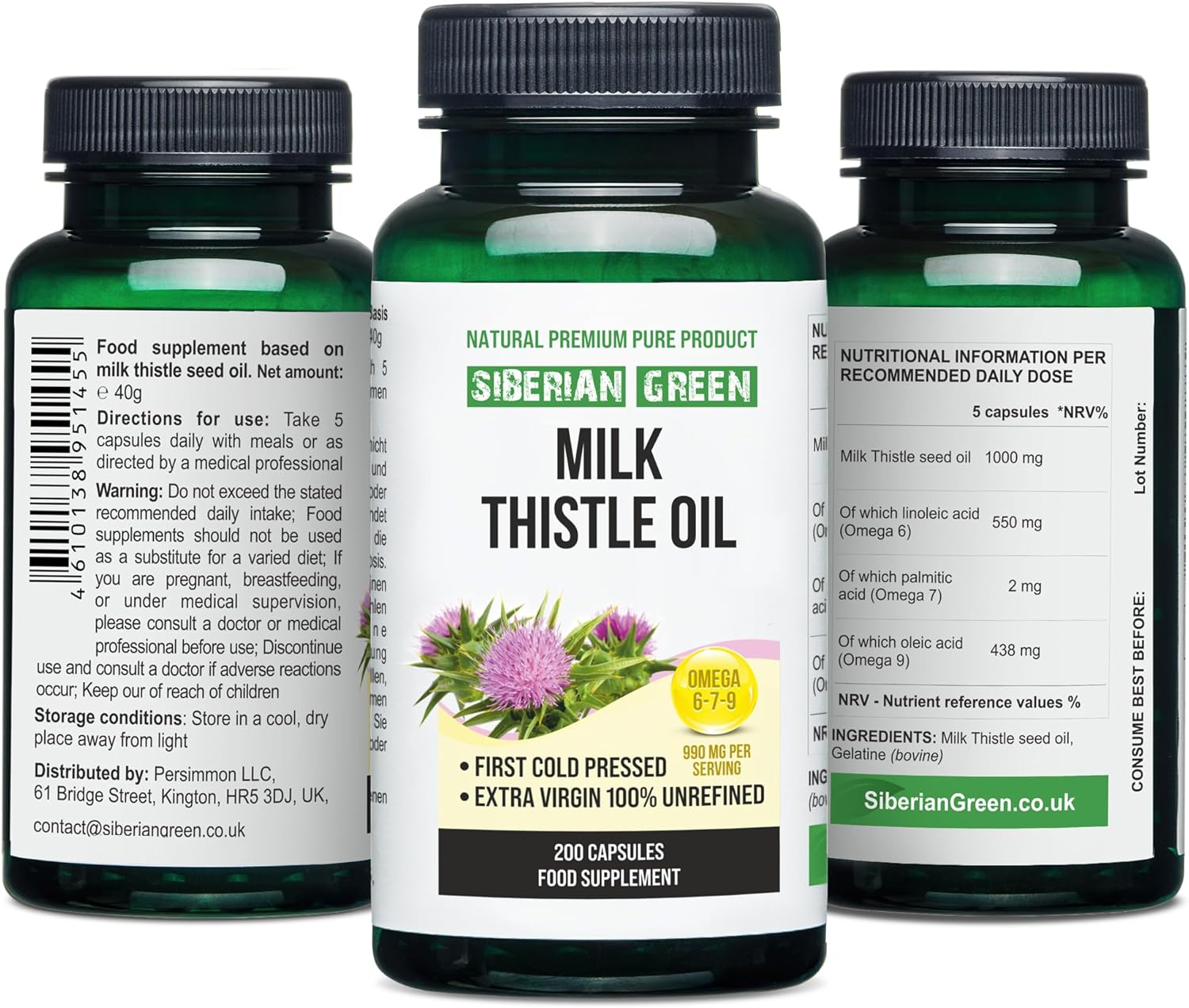 Siberian Altai Cold Pressed Green Milk Thistle Oil Capsules - 200 Softgels, Unrefined & Wild Harvested
