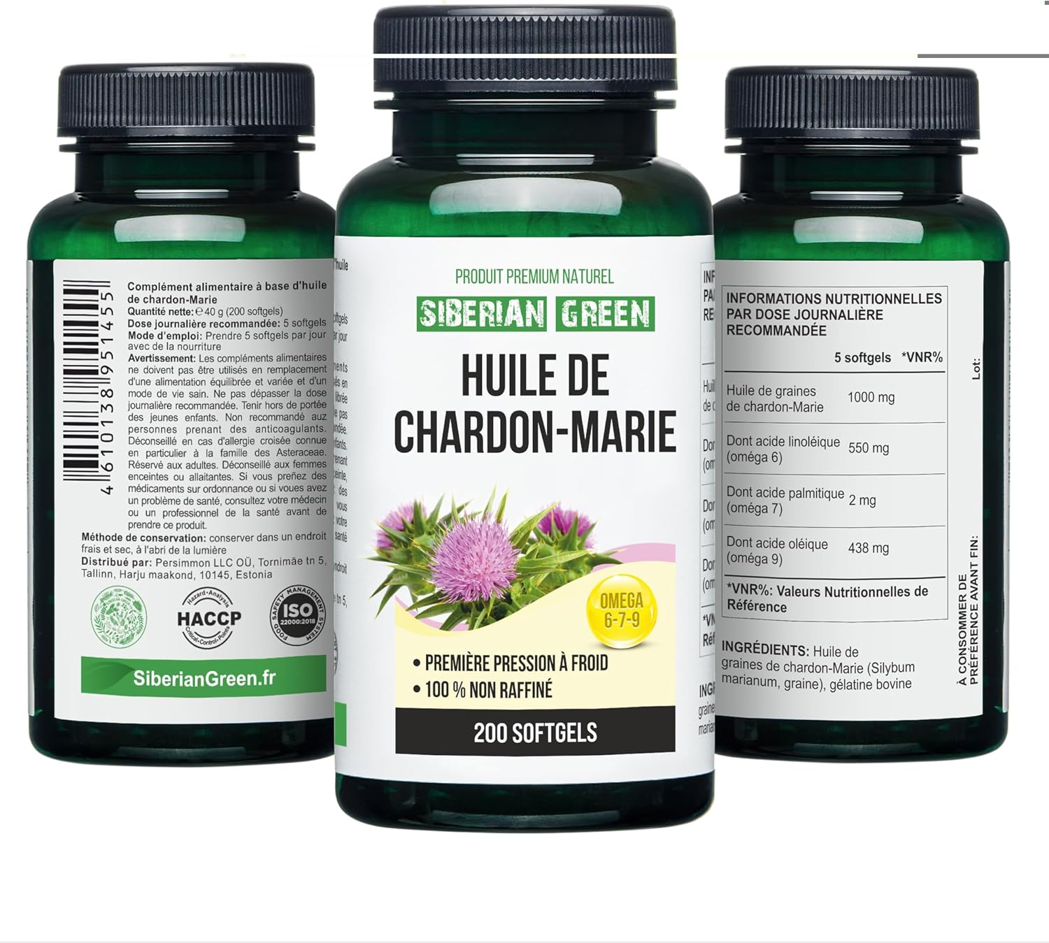 Siberian Altai Cold Pressed Green Milk Thistle Oil Capsules - 200 Softgels, Unrefined & Wild Harvested
