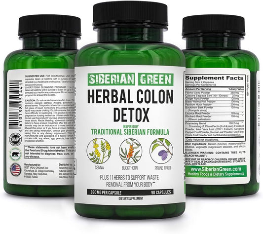 Siberian Green Herbal Colon Detox Capsules - 90 Count with Senna Buckthorn Prune Fruit - Traditional Formula with 14 Herbs & Probiotic for Body Detoxification