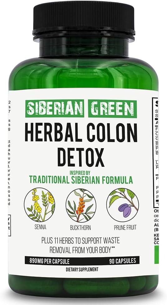 Siberian Green Herbal Colon Detox Capsules - 90 Count with Senna Buckthorn Prune Fruit - Traditional Formula with 14 Herbs & Probiotic for Body Detoxification
