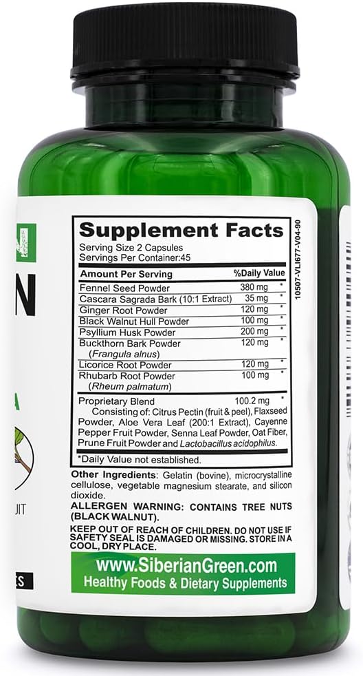 Siberian Green Herbal Colon Detox Capsules - 90 Count with Senna Buckthorn Prune Fruit - Traditional Formula with 14 Herbs & Probiotic for Body Detoxification