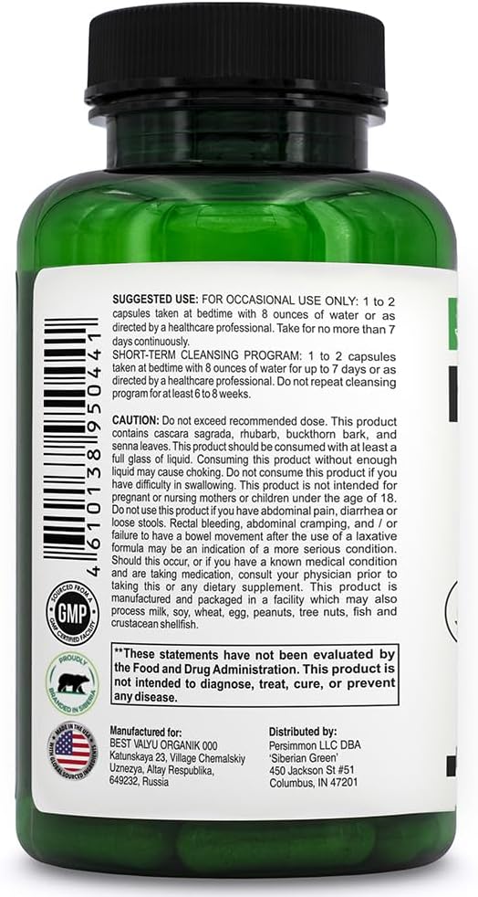 Siberian Green Herbal Colon Detox Capsules - 90 Count with Senna Buckthorn Prune Fruit - Traditional Formula with 14 Herbs & Probiotic for Body Detoxification