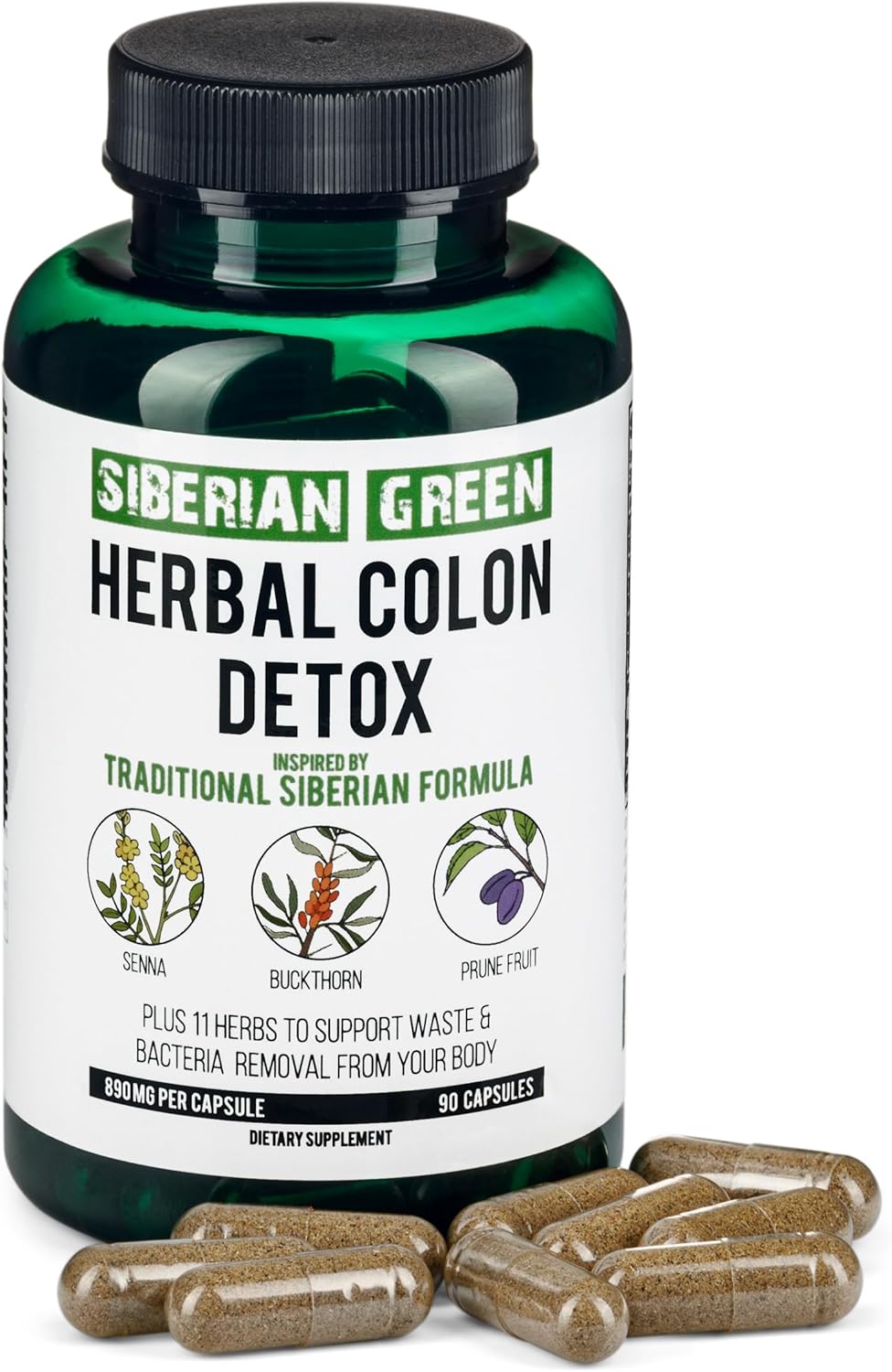 Siberian Green Herbal Colon Detox Capsules - 90 Count with Senna Buckthorn Prune Fruit - Traditional Formula with 14 Herbs & Probiotic for Body Detoxification