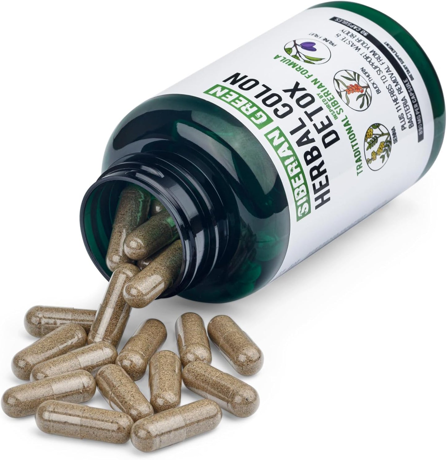 Siberian Green Herbal Colon Detox Capsules - 90 Count with Senna Buckthorn Prune Fruit - Traditional Formula with 14 Herbs & Probiotic for Body Detoxification