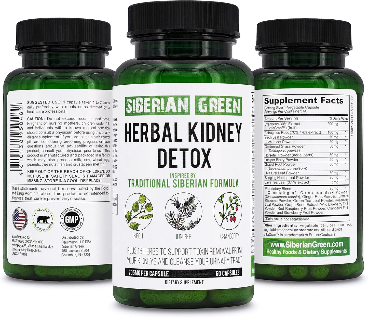 Siberian Green Herbal Kidney Detox Capsules - 60 Count, Cranberry Birch Juniper Blend