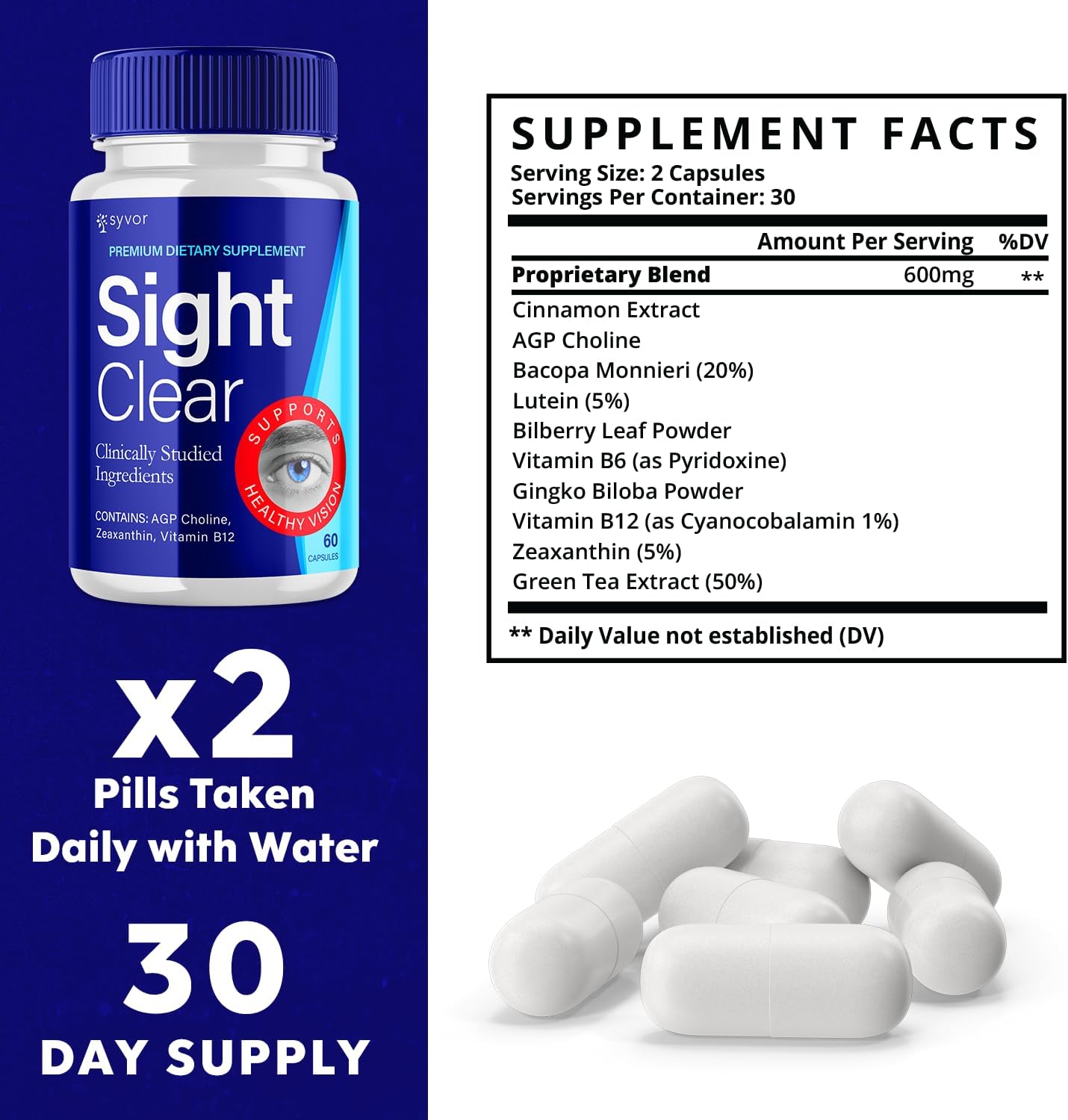 SightClear Max Strength Vision Support Capsules - 20/20 Vision Vitamin Pills for Eye Health - 60 Capsules
