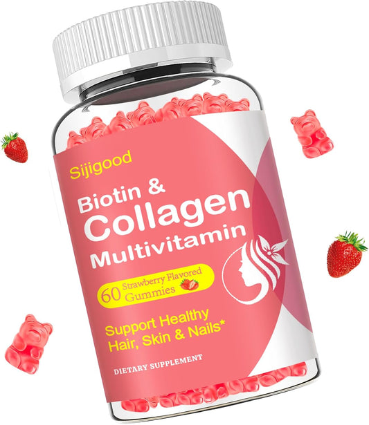Sijigood Collagen Gummies with Multi-Type Collagen & Vitamins for Skin, Hair, Nails, Immunity, Energy - 60 Strawberry Flavored Gummies