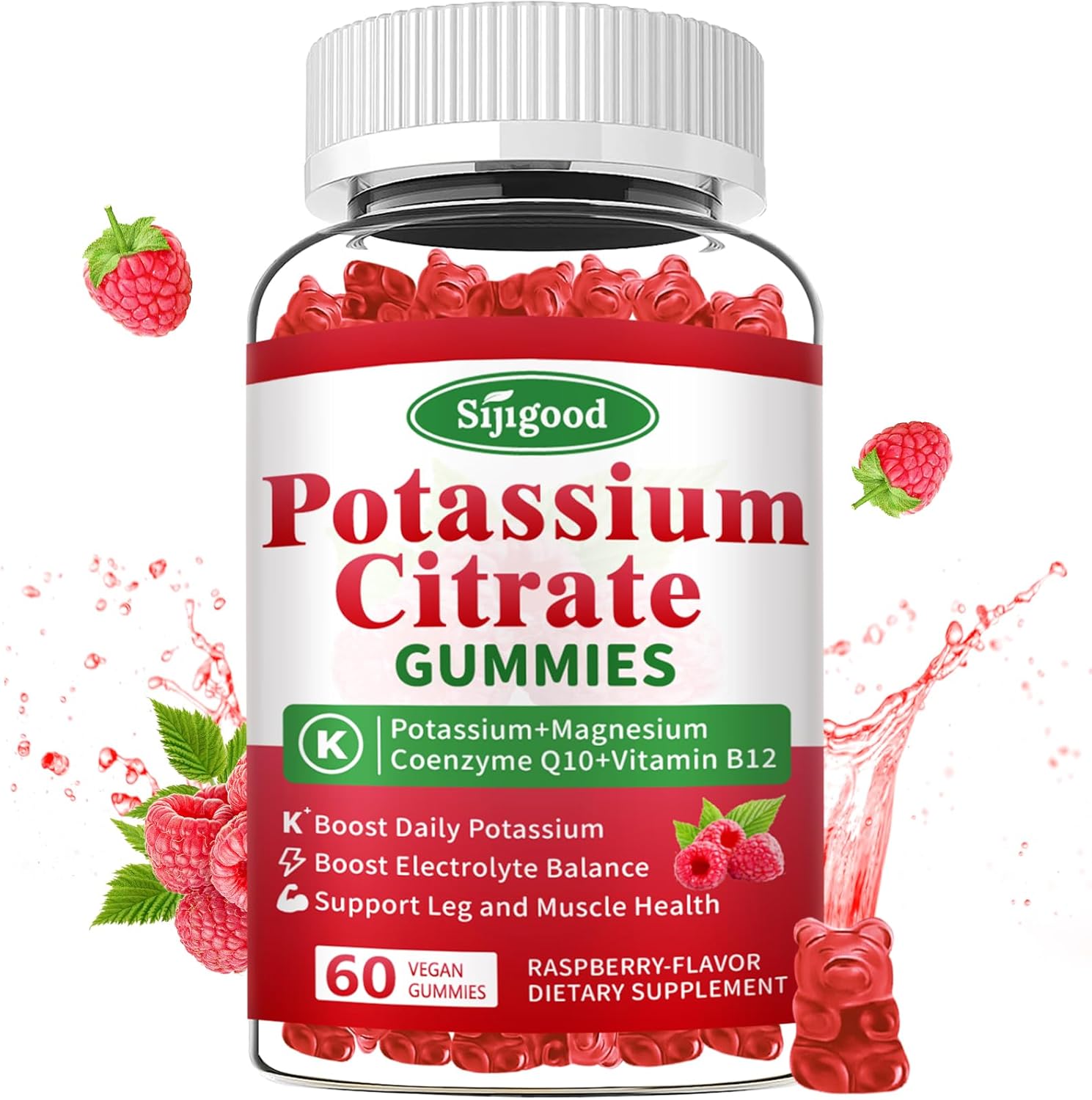 Sijigood Potassium Citrate Gummies - Vegan Raspberry Flavored Supplement for Muscle Health, Leg Cramp Relief, Electrolyte Balance - 60 Count