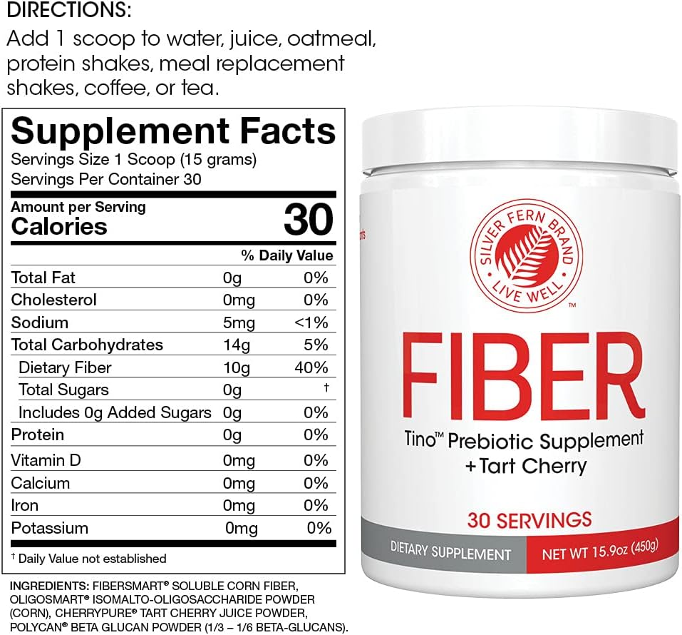 Silver Fern Tino High Fiber Supplement Powder - Non-GMO Prebiotic Digestive Friendly Mix - Water Soluble - Add to Water, Juice, Shakes, Cereal - 2 Canisters - 15.9 Oz. ea.