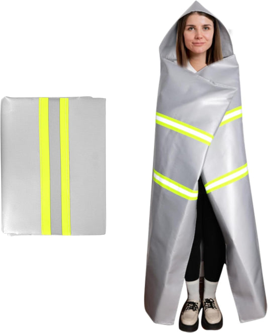 Silver Silicone Coated Fiberglass Fire Blanket with Hood, 59 x 47 Inches - Heat Resistant Safety Cover for Escape - Fire Retardant Cloak for Emergency Use