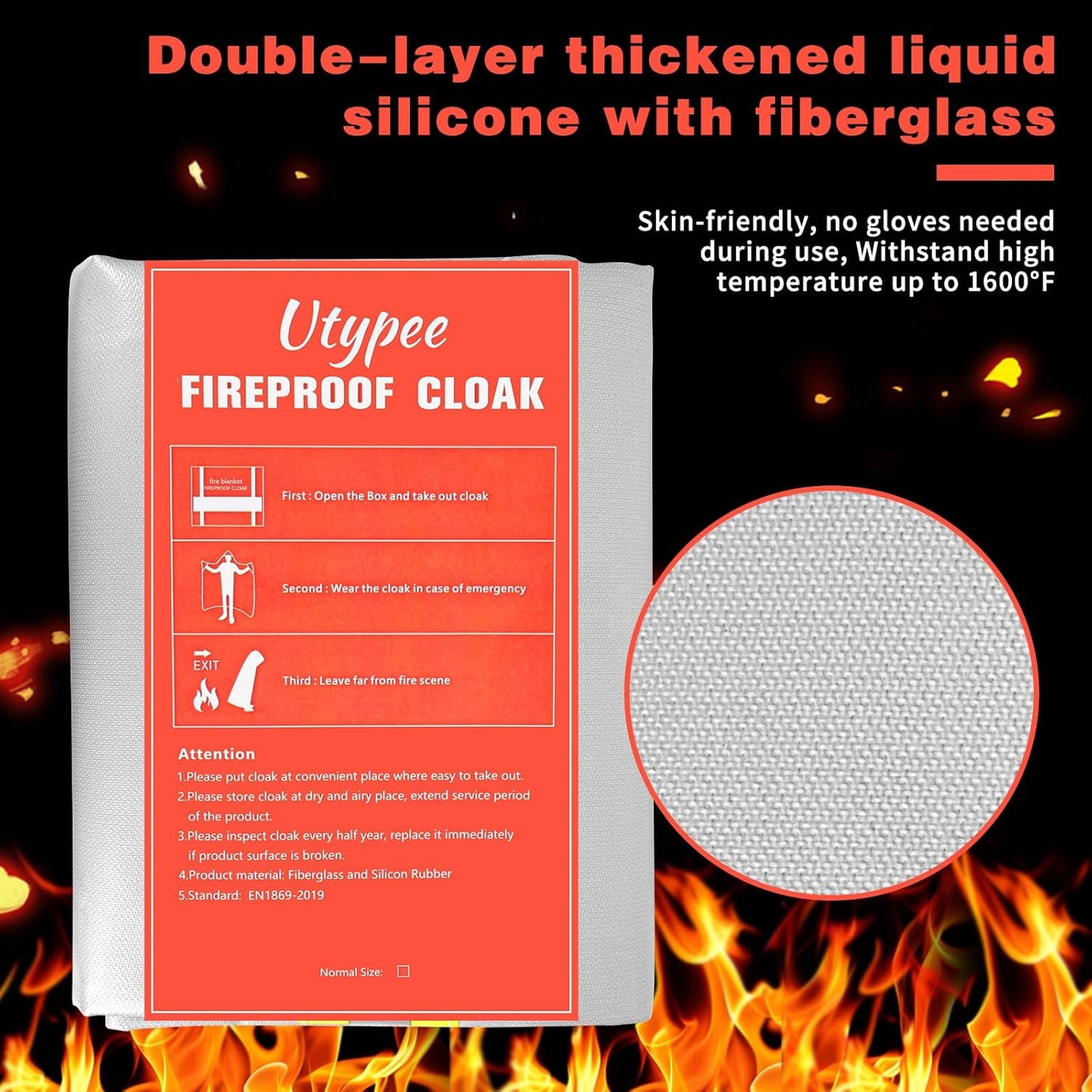 Silver Silicone Coated Fiberglass Fire Blanket with Hood, 59 x 47 Inches - Heat Resistant Safety Cover for Escape - Fire Retardant Cloak for Emergency Use