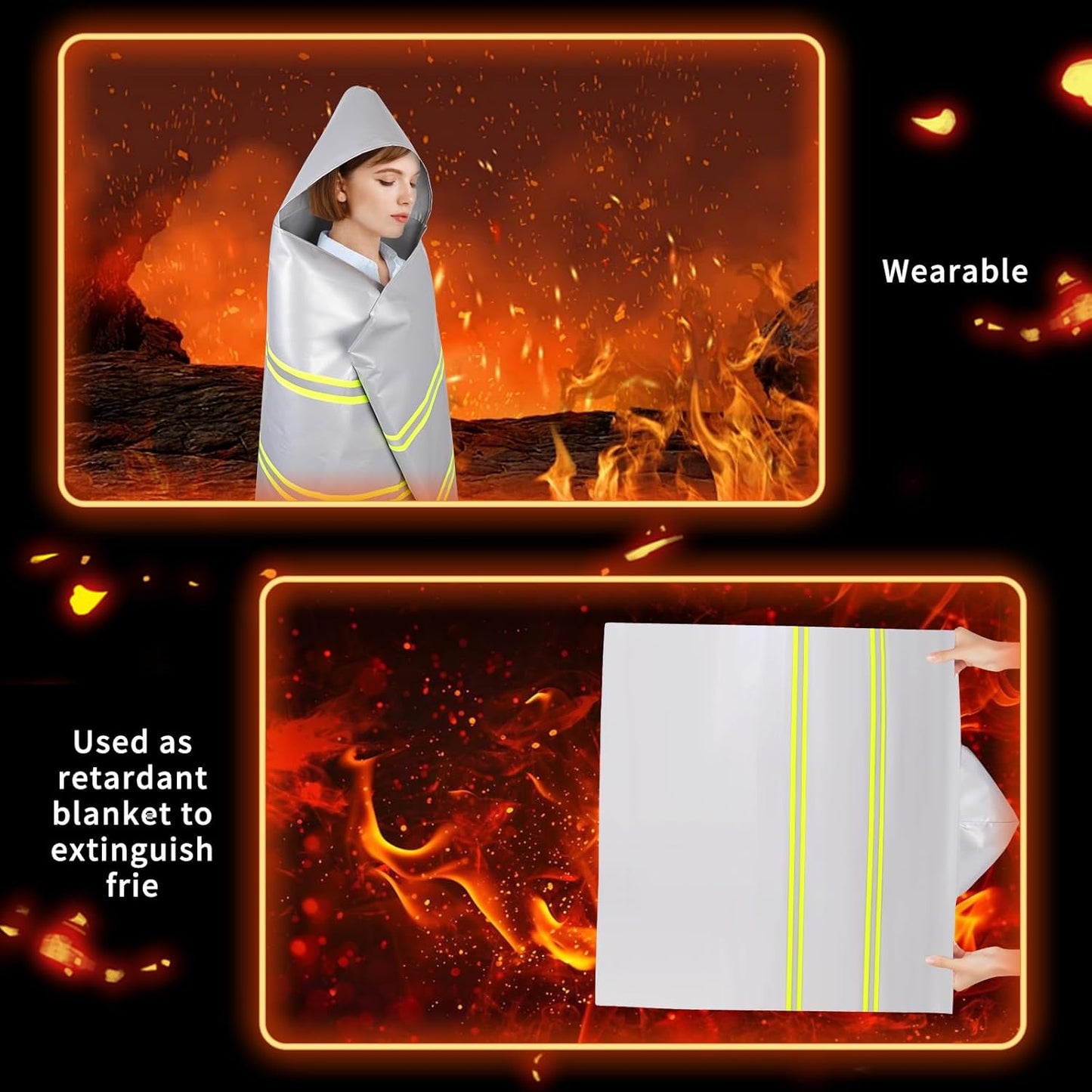 Silver Silicone Coated Fiberglass Fire Blanket with Hood, 59 x 47 Inches - Heat Resistant Safety Cover for Escape - Fire Retardant Cloak for Emergency Use