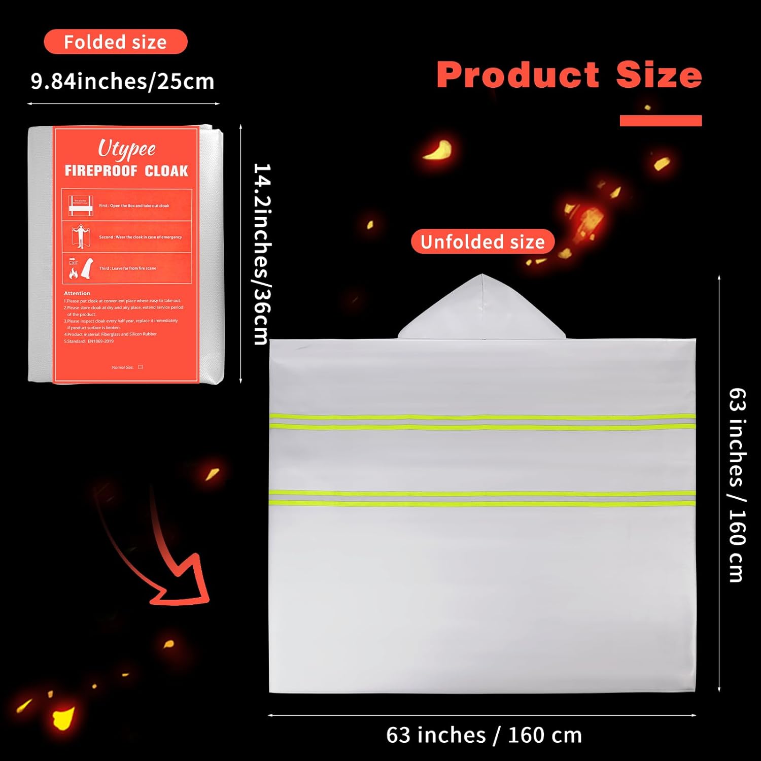 Silver Silicone Coated Fiberglass Fire Blanket with Hood, 59 x 47 Inches - Heat Resistant Safety Cover for Escape - Fire Retardant Cloak for Emergency Use