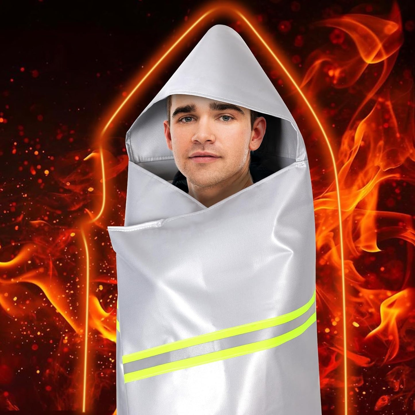 Silver Silicone Coated Fiberglass Fire Blanket with Hood, 59 x 47 Inches - Heat Resistant Safety Cover for Escape - Fire Retardant Cloak for Emergency Use