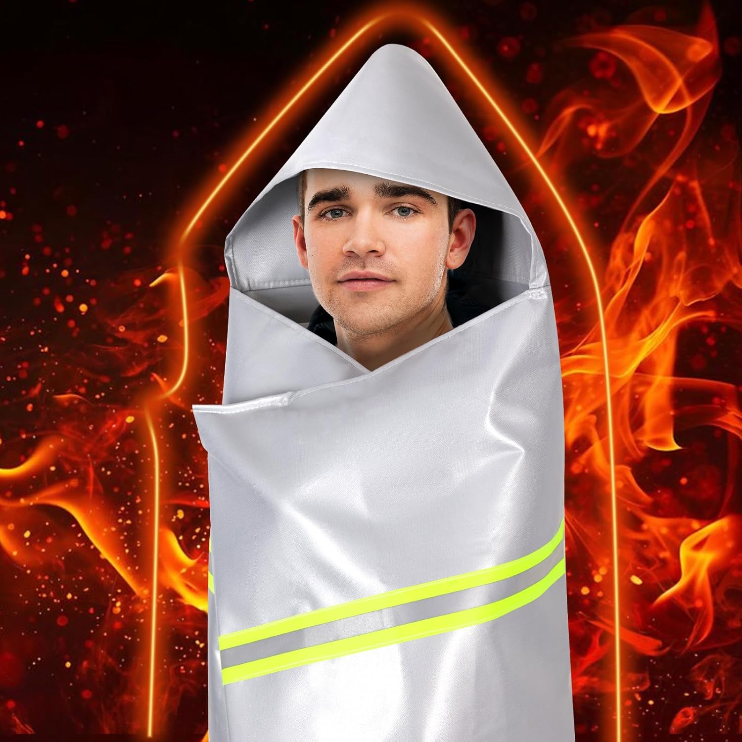 Silver Silicone Coated Fiberglass Fire Blanket with Hood, 59 x 47 Inches - Heat Resistant Safety Cover for Escape - Fire Retardant Cloak for Emergency Use