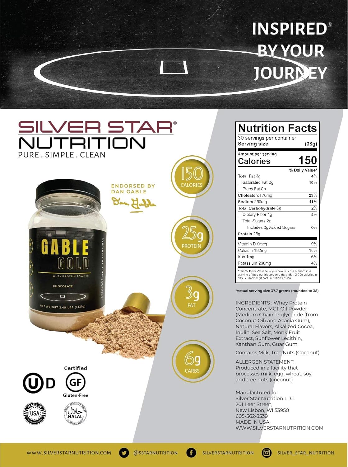 Silver Star Nutrition Gable Gold Chocolate Whey Protein Powder with MCT Oil and Inulin, 25g Protein, No Sugar Added - 30 Servings, 2.49lbs