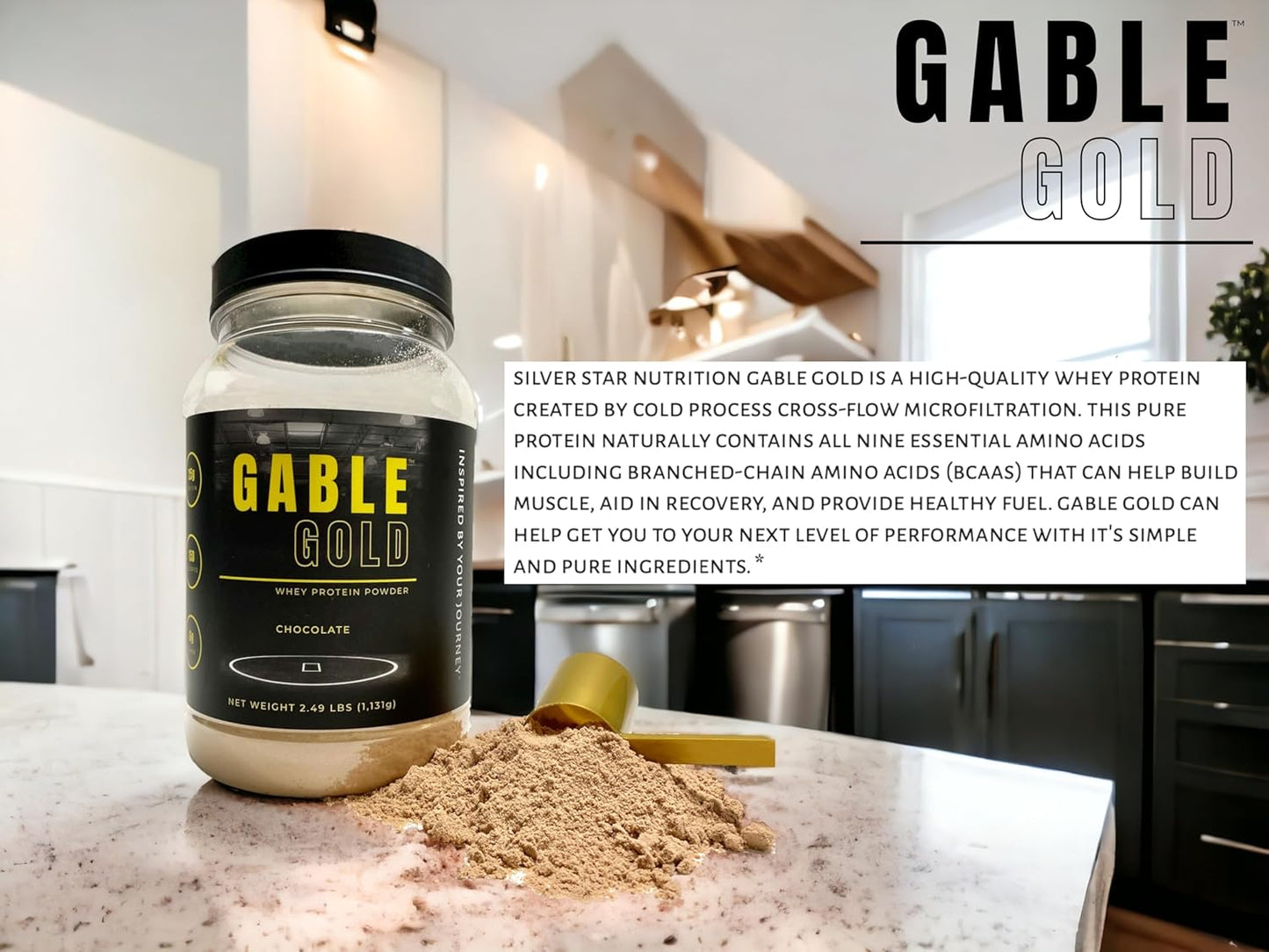 Silver Star Nutrition Gable Gold Chocolate Whey Protein Powder with MCT Oil and Inulin, 25g Protein, No Sugar Added - 30 Servings, 2.49lbs