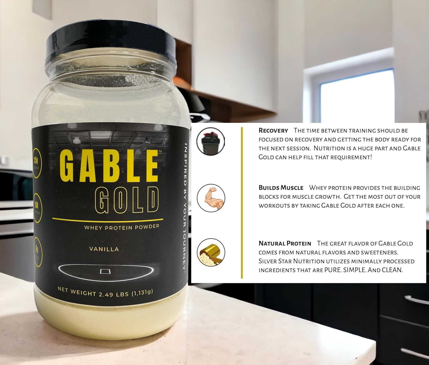 Silver Star Nutrition Gable Gold Chocolate Whey Protein Powder with MCT Oil and Inulin, 25g Protein, No Sugar Added - 30 Servings, 2.49lbs