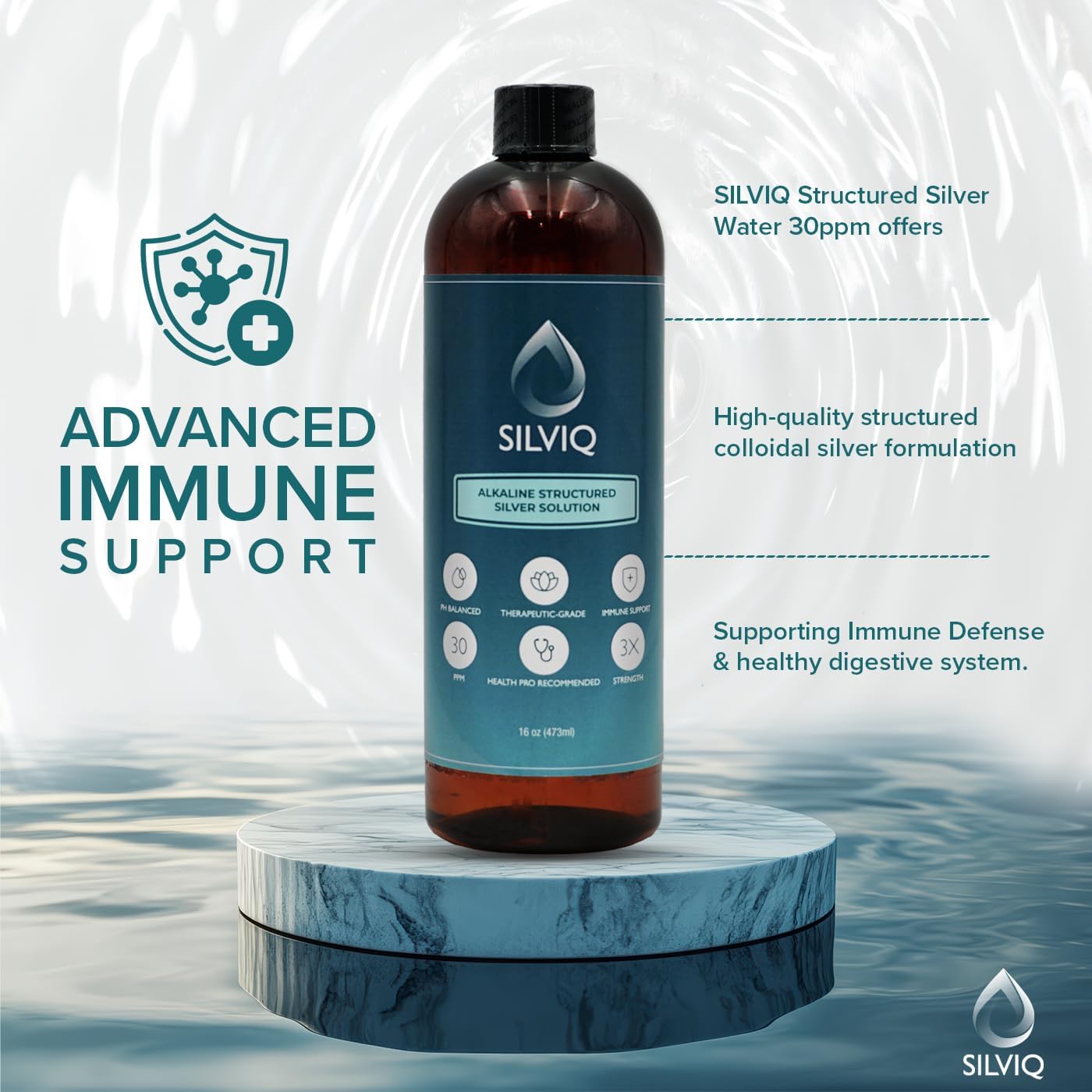 SILVIQ Structured Silver Water 30PPM - Alkaline Silver Liquid Supplement for Immune Support & Gut Health - 16 Oz