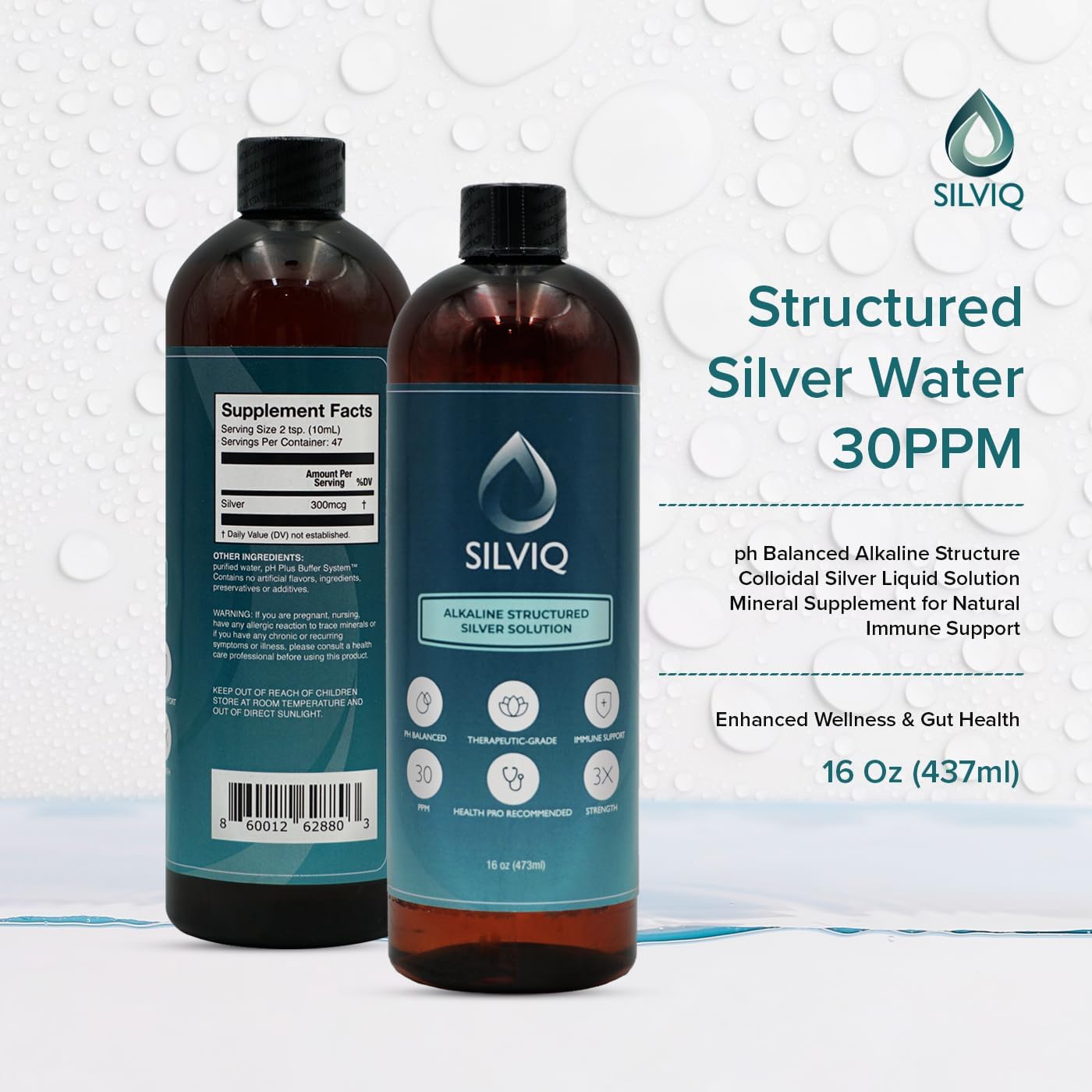 SILVIQ Structured Silver Water 30PPM - Alkaline Silver Liquid Supplement for Immune Support & Gut Health - 16 Oz