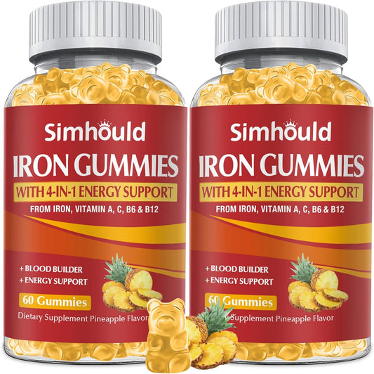 Simhould 2 Pack Iron Gummies 80MG for Adults & Kids - Vitamin A, C, B - Blood Builder & Energy Support - Pineapple Flavor, 120 Count