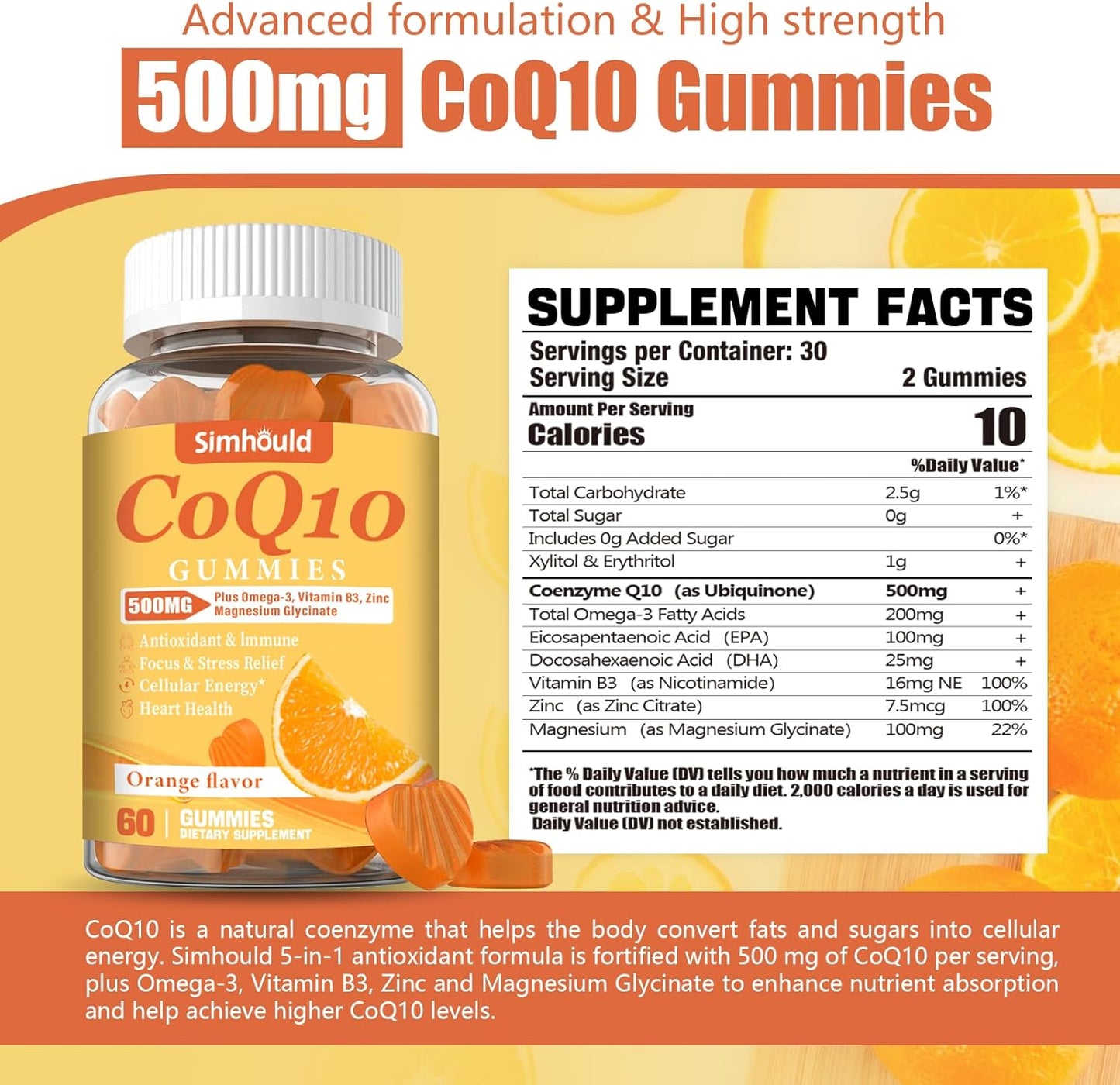Simhould CoQ10 Gummies 500MG - 2 Pack with Omega-3, Magnesium, Vitamin B3 & Zinc - Heart Health, Energy, Antioxidant - Vegan, Non-GMO - 120 Count