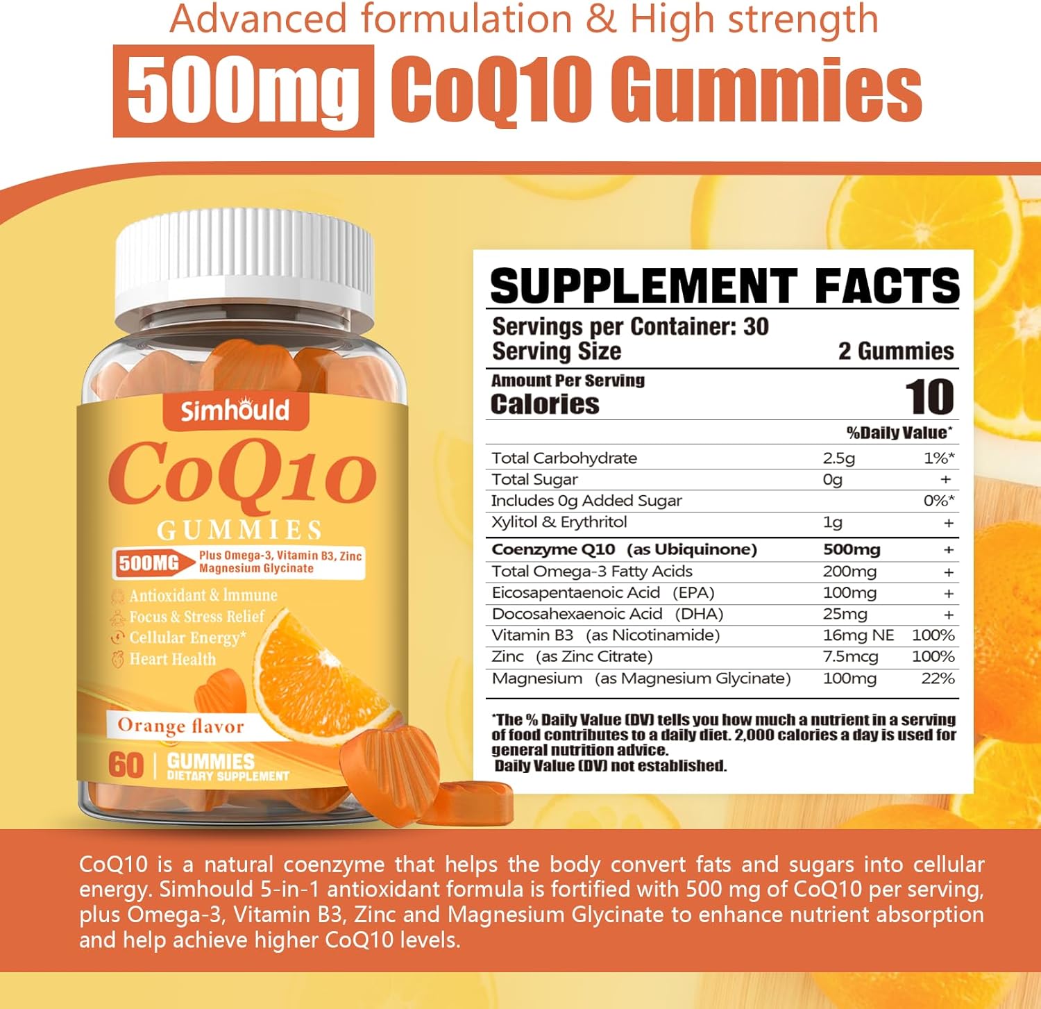 Simhould CoQ10 Gummies 500MG - 2 Pack with Omega-3, Magnesium, Vitamin B3 & Zinc - Heart Health, Energy, Antioxidant - Vegan, Non-GMO - 120 Count